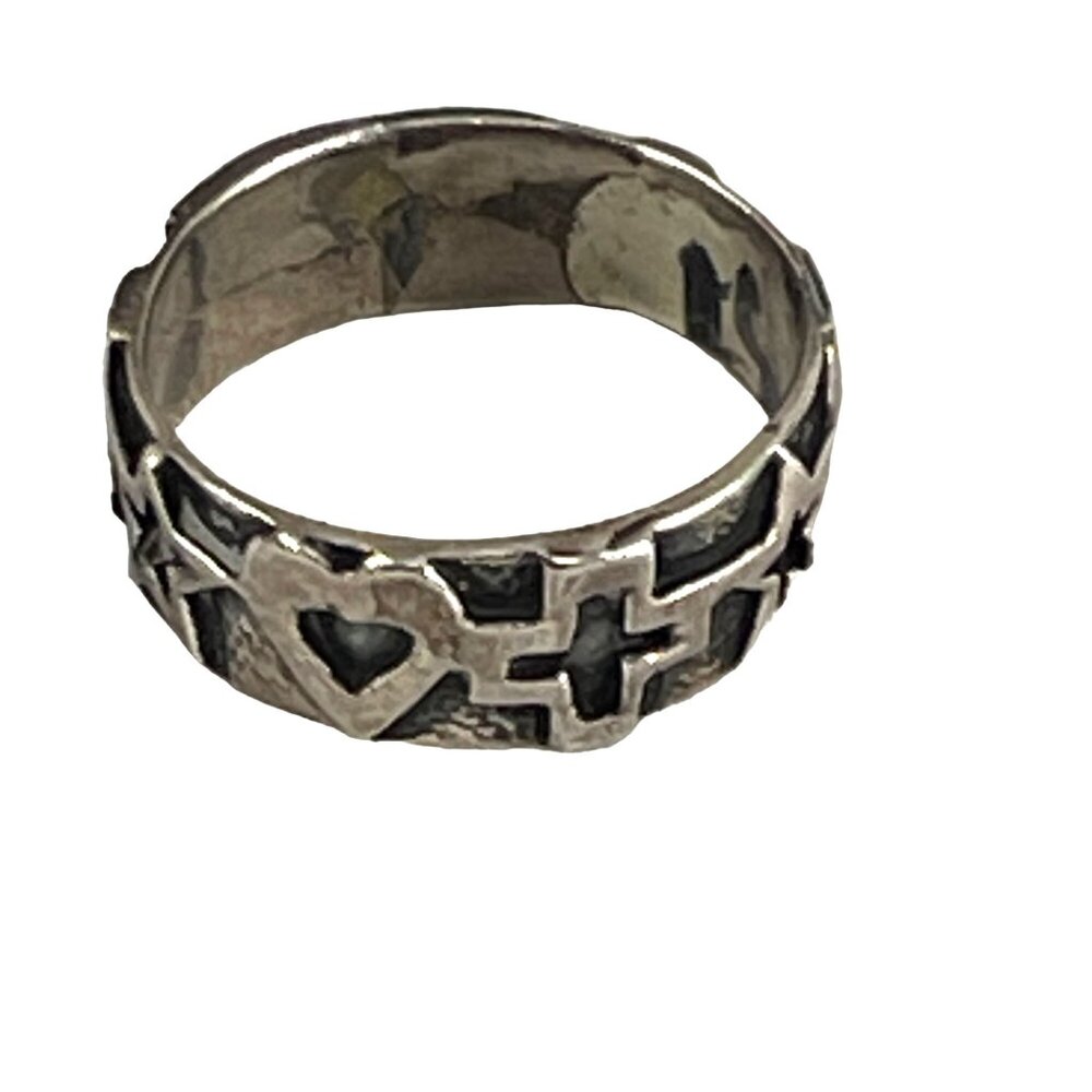 Star & Heart Pattern Silver Ring - image 1
